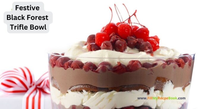 follow the recipe, that is downloadable and printable.
Then start and make the next two layers the same, ending with a topping of whipped cream, decorate with cherries in the middle and some fresh glazed whole cherries standing up and grated chocolate for decoration on the whipped cream. (or use some cocoa powder)