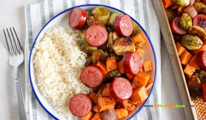 Tasty Sausage and Veggies Sheet Pan Dinner recipe. An all in one easy meal to put together and bake in oven for supper or lunch with sides.