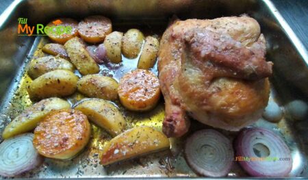 An oven Roasted Parmesan Potato Butternut and Chicken recipe for a meal. Delicious all in one pan, half a chicken and vegetables for lunch.