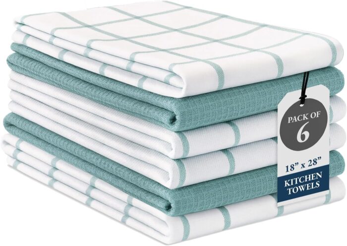 LANE LINEN Cotton Kitchen Towels and Dish Cloths Set, 6-Pack – Absorbent, Quick-Drying Dish Towel, 18" x 28", Soft, Premium Hand and Tea Towels - Aqua