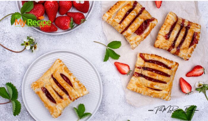 Strawberry Puff Pastry Dessert recipe idea. Quick and easy sweet homemade jam pastry 3 ingredient tart to Oven bake for tea time.