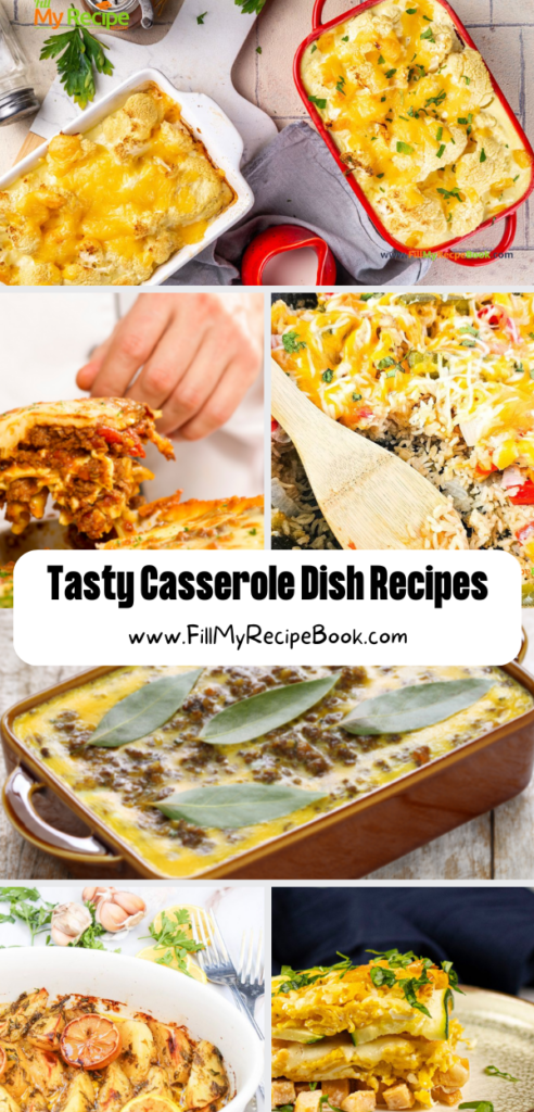 Tasty Casserole Dish Recipes Ideas. A variety of casserole recipes featuring vegetables, meat, and breakfast, and combined ingredients for a hearty family meal. Oven Baking Recipes.