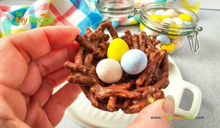 Easter Nest Haystack Treats recipe. No bake chocolate birds nests with all bran for snacks filled with candy eggs, a treat for kids.