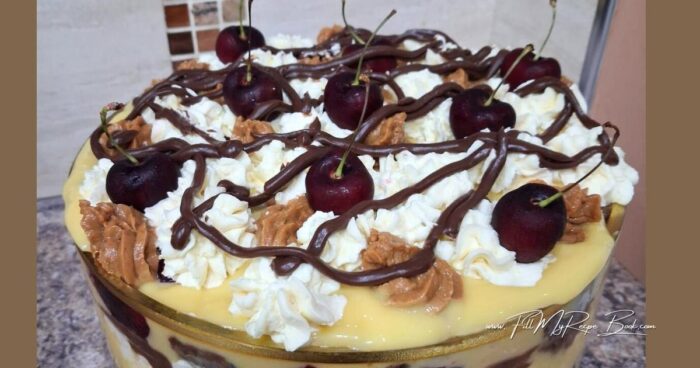 New Year’s Fruit Cake Trifle made with layers of leftover Christmas cake. A simple, no bake dessert perfect for celebrations.