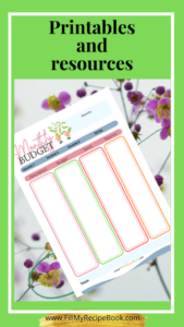 Printables and resources of charts for kitchen use and planners for budgets, meals and shopping as well as holidays, includes coloring pages for relaxing.