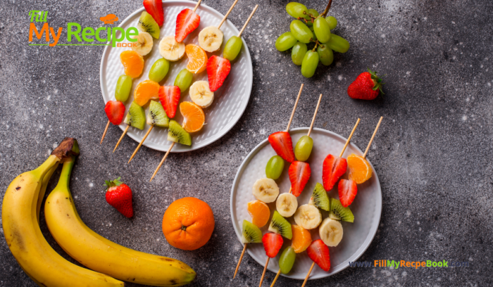 Simple Fruit Skewers Appetizers recipe idea with a yogurt dip. A homemade fruit snack or dessert that is kid safe, a platter for a party.