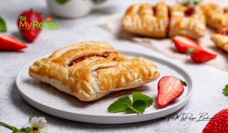 Strawberry Puff Pastry Dessert recipe idea. Quick and easy sweet homemade jam pastry 3 ingredient tart to Oven bake for tea time.