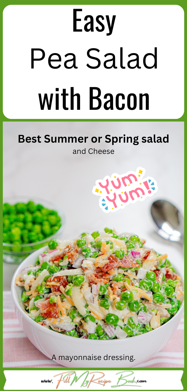 Create a Easy Pea Salad with Bacon recipe, featuring cheese and dressed with mayonnaise, perfect as a refreshing cold green summer salad.