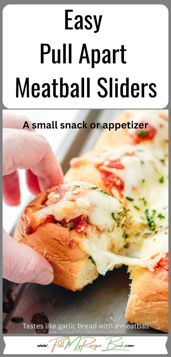 Easy Pull Apart Meatball Sliders recipe. Use Hawaiian rolls, cheese, and drizzle with garlic, Italian herbs in butter before baking in oven.