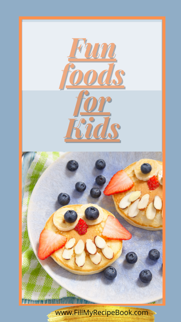Food designed in faces and animals being breakfast or lunches or snacks. Made easy for kids to help or to create themselves.