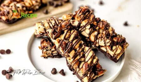A chewy healthy chocolate Homemade Granola Nut Bars recipe. Easy and quick idea for oven baked snack or treat with honey, coconut oil, oats.