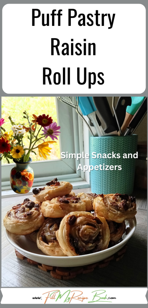 Easy Puff Pastry Raisin Roll Ups recipe idea with cream cheese. A delicious simple treat to bake in the oven with cinnamon and flaky pastry.