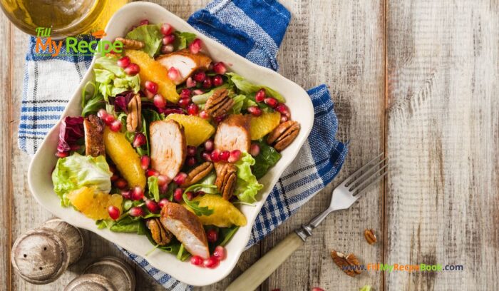 Spring Salad Chicken Pomegranate recipe idea for summer. Healthy dinner has orange, nuts, lettuce and dressing with honey.