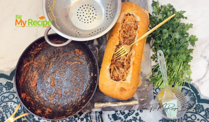 Stuff the Italian bread loaf with the spaghetti and ground beef mixture.