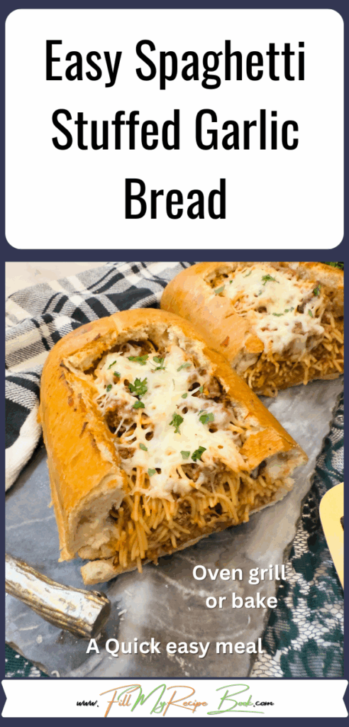 Easy Spaghetti Stuffed Garlic Bread recipe. Easy and quick oven bake or grill loaf filled with ground beef and pasta sauce, with cheese.