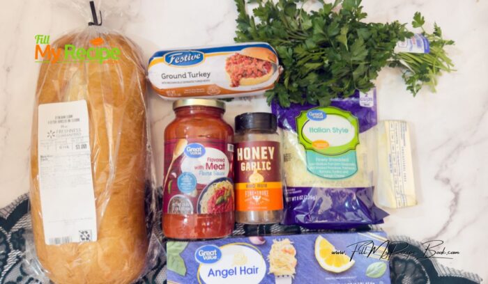 Ingredients for Easy Spaghetti Stuffed Garlic Bread.
Italian Loaf
Spaghetti
ground beef
tomato sauce or marinara sauce
garlic powder
butter
salt
Mozzarella cheese