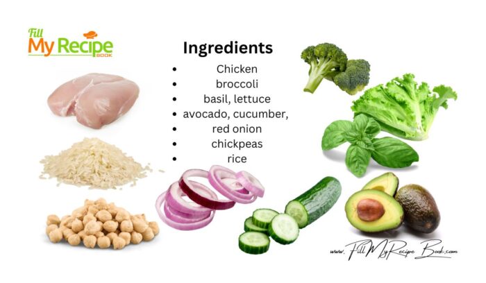 Ingredients for Grilled Chicken Rice Lunch Bowl.
chicken, broccoli, basil and lettuce leaves, avocado and cucumber, red onion, chickpeas and rice.