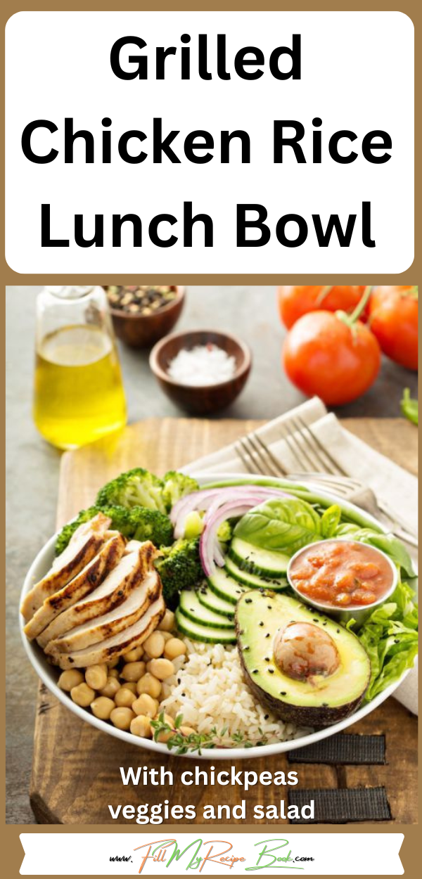 Simply healthy delicious Grilled Chicken Rice Lunch Bowl with chickpeas, broccoli and salad recipe. Easy idea for a weeknight meals, lunch.