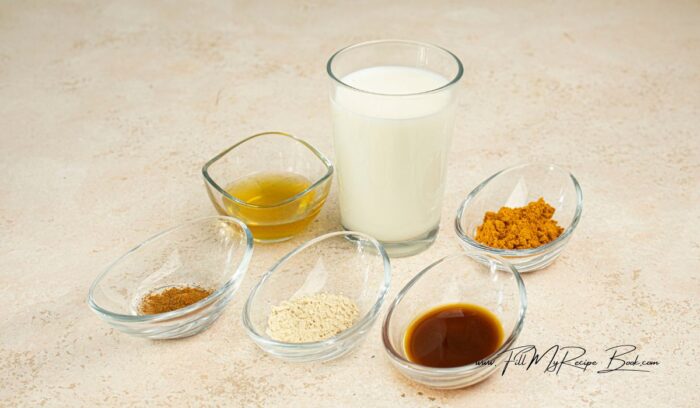 Ingredients for Healthy Golden Milk Recipe.
Plant based milk, almond, coconut, oat milk. ground turmeric and cinnamon, ginger. black pepper, sweetened with honey or maple syrup.