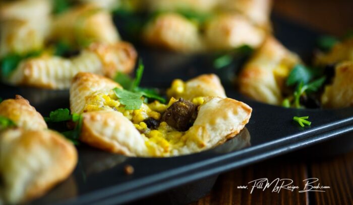 Mushrooms and Corn Puff Pastry Tartlet recipe for a savory snack. Be it a flaky buttery dessert or appetizer baked in the oven, so delicious.