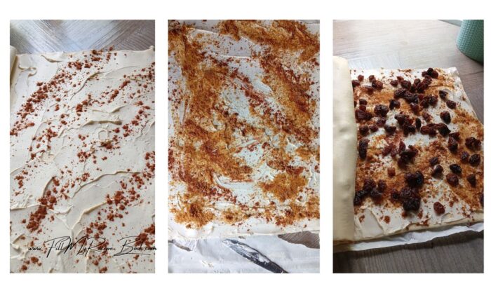 Spread thinly a little cream cheese over the pastry. (not to much as it will leave the center of the roll up uncooked and damp). Then sprinkle some cinnamon and sugar over the whole top. Add the raisins evenly.