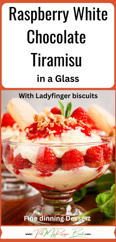 Raspberry White Chocolate Tiramisu in a Glass recipe for a dessert. Delicious creamy layers of mascarpone with syrupy soaked ladyfingers.