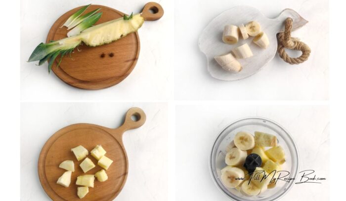 2. Peel the banana from the peel and cut randomly.
3. Remove the hard core of the pineapple and cut it into cubes.