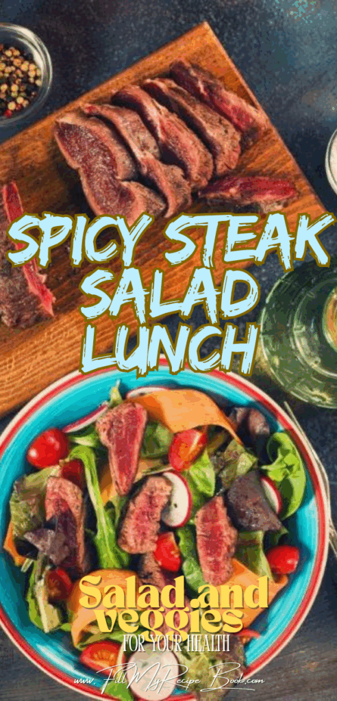 A delicious spicy steak salad lunch recipe for summer. Healthy bowl of veggies and cherry tomatoes on a lettuce, baby spinach bed and a simple dressings.