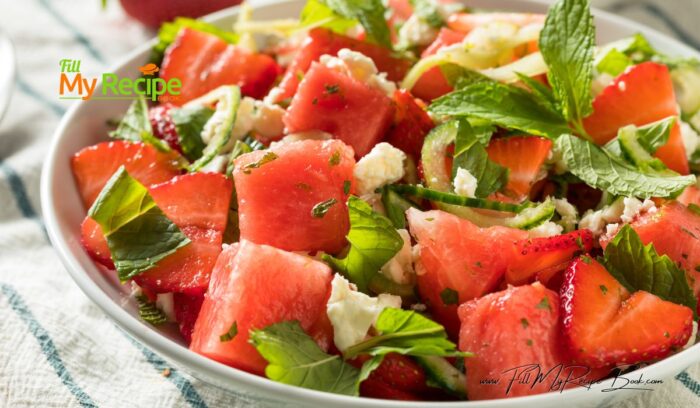 Strawberry Watermelon Feta Salad recipe idea for a refreshing and easy cold side dish for summer that is sweet and salty with a dressing.
