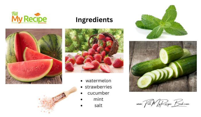 the basic ingredients for this easy strawberry watermelon feta salad recipe, are of course, watermelon, strawberries, cucumber, and salt. Then the dressing comes with it.