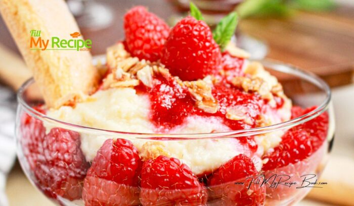 Serve chilled for a delicious dessert for a party of four. Garnished with mint leaves and a ladyfinger biscuit. The crunch consists of crushed roasted almonds for a fine dining dessert.