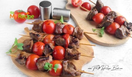 Enjoy a simple and quick light dinner on a summer evening with these tender marinated Juicy Steak and Tomato Kebabs grilled on the stovetop, the best.