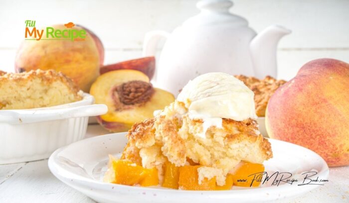 Delicious Homemade Peach Cobbler Recipe made with fresh fruit and baked in two small oven dishes. A simple, comforting dessert perfect for summer.
Serve with whipped cream or vanilla ice cream on top of the slices.