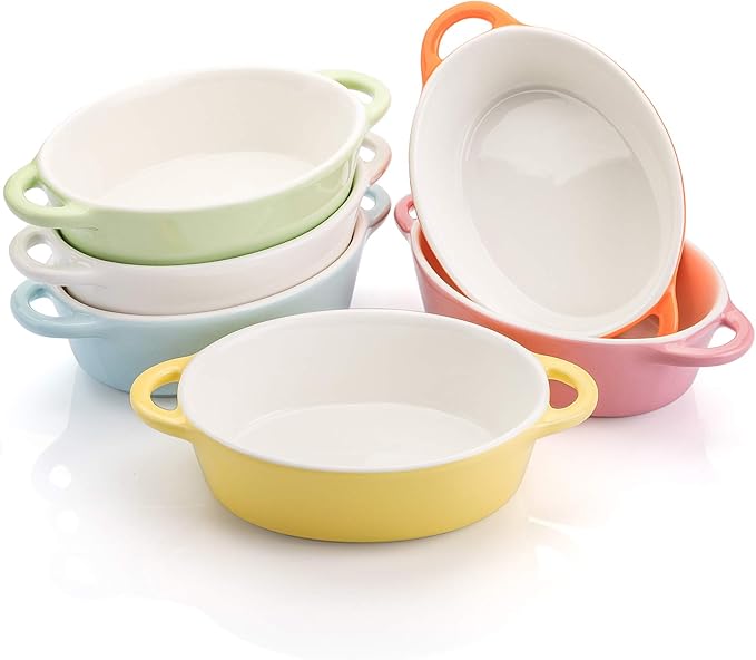Foraineam 6 Colors Oval Porcelain Ramekins 10 oz Oven Safe Creme Brulee Souffle Baking Ramekin Dishes Bowl with Double Handles