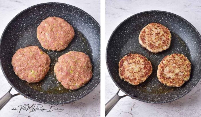 Using wet hands, form burgers into 3-4 inch diameters or as desired. Heat the pan on the stovetop and then add the olive oil in a skillet. Fry or sauté one side at medium heat for 5-6 minutes. Turn the burgers over and cover the pan with a lid. Fry for another 5 minutes at low heat.