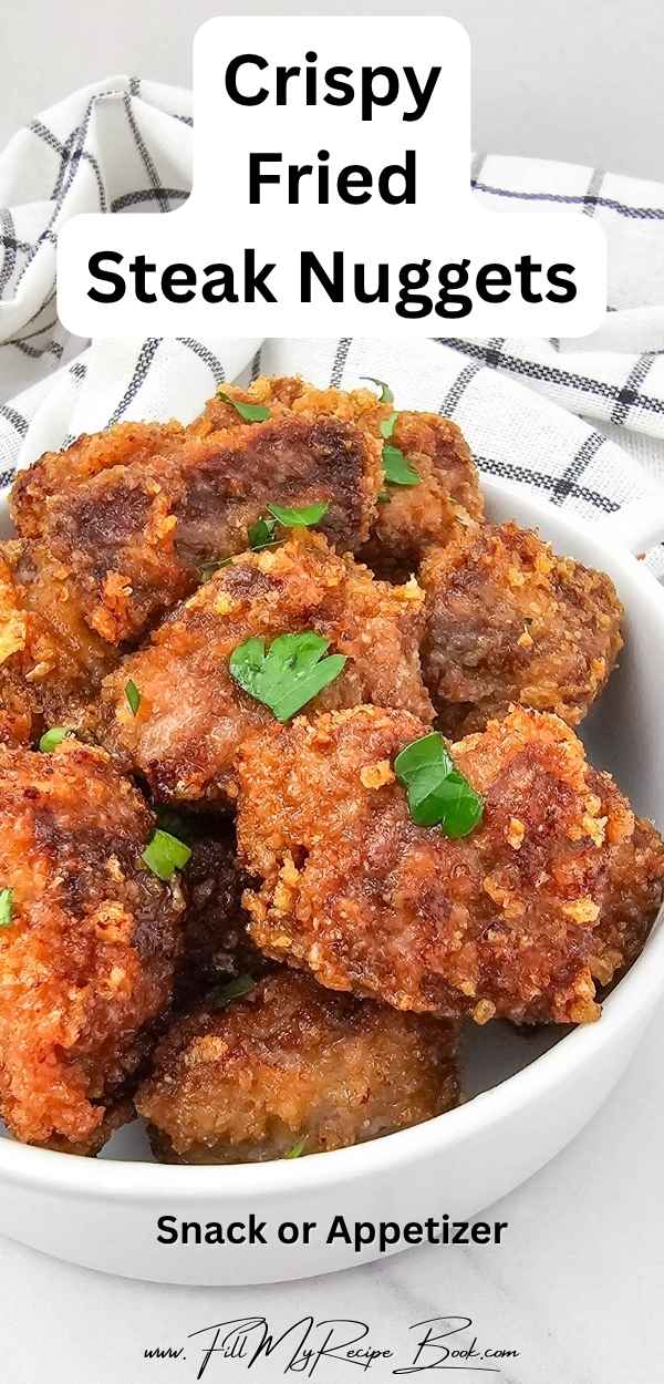 Homemade Fried Steak Nuggets Recipe. A crispy, golden snack or appetizer made with tender steak cubes coated in a cheese seasoned crust.