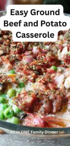 Delicious easy ground beef and Potato casserole with veggies, bacon, and creamy white sauce. Comforting, and perfect for weeknights.