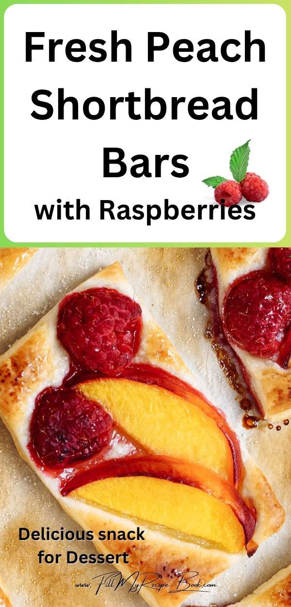 These Fresh Peach Shortbread Bars with raspberries recipe are a delicious dessert with every bite. Juicy oven baked peaches layered over a buttery shortbread crust.