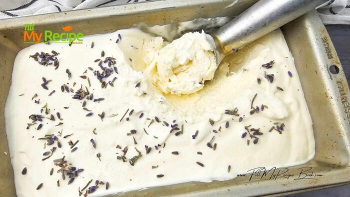 Beat the heavy full cream on high for 3-5 minutes, until soft peaks form in a stand mixer, or large bowl with an electric mixer.
Fold in the sweetened condensed milk.
Gently stir in the lavender milk and honey.
Pour the mixture into a metal bread pan and cover with plastic wrap. Freeze for 6-8 hours, or overnight for best results. (the metal will help chill the ice cream and keep it that way)