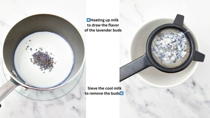 Warm the milk over medium-low heat in a small pot. Once the milk starts to simmer, turn the heat to low, then add the lavender buds. Simmer for 5 minutes.
Pour the mixture into a bowl and cover with plastic wrap, then chill in the refrigerator until cool. To draw out all that lavender flavor.
Once chilled, strain the lavender milk with a small sieve.