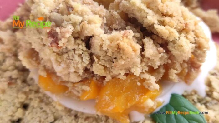 Homemade Peach Crumble Tart Recipe idea. Easy juicy fresh peaches with oats crust, dessert oven baked for a summer fruit pie for tea.