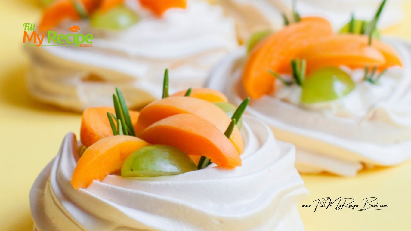 Mini Peaches and Cream Pavlova Recipe. A fine dining desserts or special platter or finger snack decorated with yellow cling peaches.