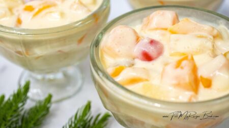 That easy and simple. Serve as a delicious, dessert for all.
A simple and hassle free fruity dessert with that delicious, warm custard sauce. One always some canned staples in the pantry. Why not use as a quick and very simple dessert for the family, when you feeling like something sweet after a meal.