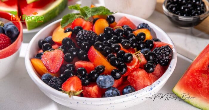 fresh fruit salad with a difference. Visually pleasing with all those dark tapioca pearls and blueberries, with the red strawberries, watermelon and sliced peaches. So delicious and filling.