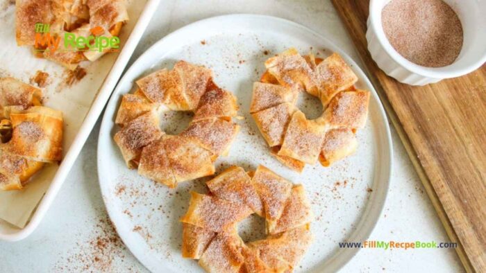 Apple Strudel Slices Recipe to have for a sweet dessert. Simple homemade from scratch idea with wrapped phyllo dough on apple rounds, snack.
