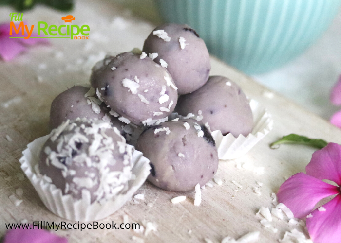 Blueberry White Chocolate Truffle Balls recipe. Easy candy to create, a no bake dessert or snack, with the best flavors rolled in coconut.