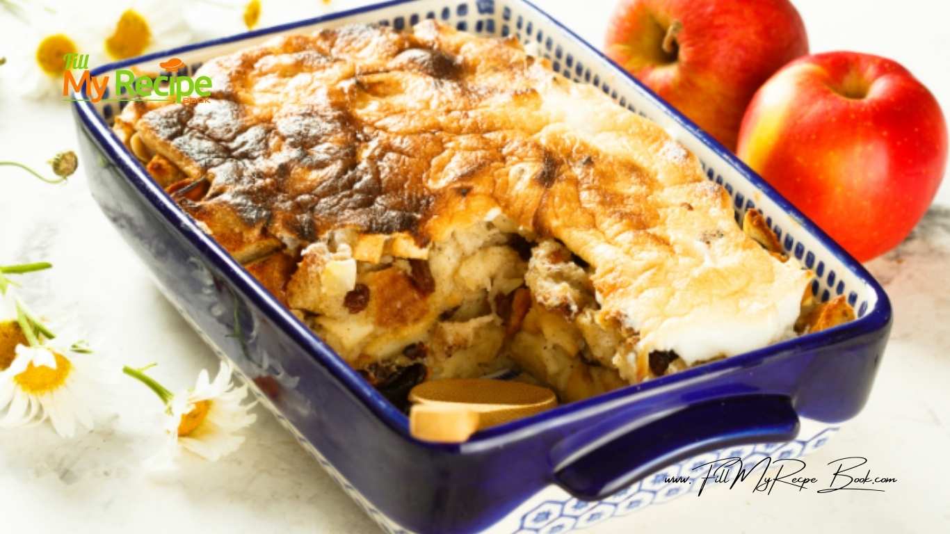 Bread pudding and Apple Bake Recipe. Simple of old fashion breakfast or even a dessert with vanilla sauce and raisins casserole dish.