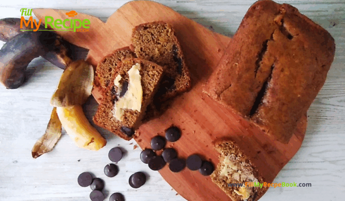 Easy Chocolate Chip Banana Bread recipe. Healthy banana bread that is easy and kids love the surprise of chocolate chips in the slices.