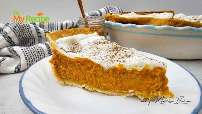 Once you’re ready to serve the pie, whip the remaining 3/4 cup of heavy cream until fluffy. Cover the pie with the whipped cream, then sprinkle with ½ tsp of cinnamon.