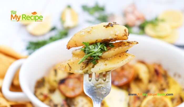 Easy Lemon Greek Potatoes Recipe for an oven bake idea. Homemade potato wedges with vegetable broth, garlic for a warm side dish for meals.